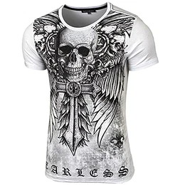 Herren Vintage Totenkopf Kurzarm T-Shirt mit Strass Steinen Slim Fit Design Fashion Top Print Shirt JA-2314, Farbe:Weiß, Größe:M
