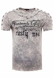 Herren T-Shirt Front Logo Print Stretch Shirt Verwaschen Oil Washed S - XXL 192, Farbe:Anthrazit, Größe:XL