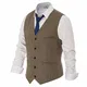 PJ PAUL JONES Herren Western Herringbone Tweed Anzug Weste Wollmischung V Ausschnitt Slim Fit Weste, Coffee, Medium