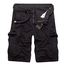 Herren Cargo Shorts Baumwolle Lose Fit Kurz Hose Sommer Viele Tasche (Ohne Gürtel) (Schwarz, W30)