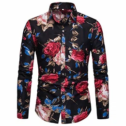 Blumen Hemden Herren Bunte Hemden Langarmhemd Muster Freizeitshemd Langarm Casual Shirt Schwarz M