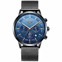 Herren Uhren Wasserdicht Chronograph Blau Zifferblatt Edelstahl Herrenuhr Analog Quarz Kalender Mondphase Armbanduhr Männer
