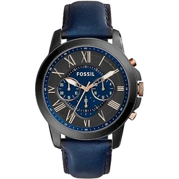 Grant uhr für Herren, Quarz-Chronographenwerk, mit Edelstahl- oder Lederarmband, Blau und Schwarz, 44MM