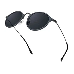 Polarisierte Runde Sonnenbrille für Herren und Damen, Klassischer Leichtmetall Rahmen Retro Sonnenbrille mit UV400 Schutz (Grau)