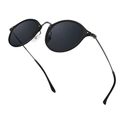 Polarisierte Runde Sonnenbrille für Herren und Damen, Klassischer Leichtmetall Rahmen Retro Sonnenbrille mit UV400 Schutz (Schwarz)