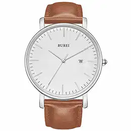 Stilvolle Minimalistische Ultra Slim Herren Uhr Weiß Datum Großes Gesicht Armbanduhr mit Braun Armband
