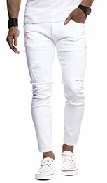 Herren Jeans-Hose Slim Fit Moderne Denim Freizeithose für Männer Moderne Stretch weiße Jeanshose schwarz LN9100BL; W32L30, Weiss