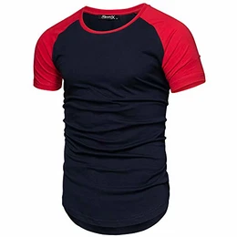 Oversize Doppel Farbig Herren Slim-Fit Crew Neck Basic T-Shirt Rundhals R-0040 Navyblau/Rot L