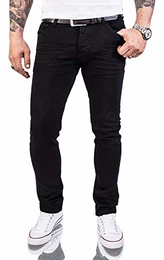 Herren Jeans Hose Slim Fit Stretch Jeans Schwarz Herrenjeans Herrenhose Denim Rinsedwash Knitter Look Stretchhose RC-2146 Pureblack W32 L34