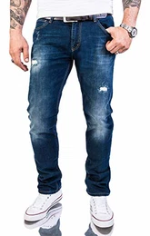 Herren Jeans Hose Slim Fit Stretch Jeans Herrenjeans Herrenhose Denim Stonewashed Dunkelblau Raw Destroyed RC-2145 Darkoceanblue W32 L32
