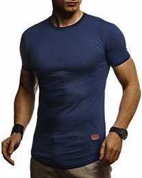 Herren Sommer T-Shirt Rundhals Ausschnitt Slim Fit Baumwolle-Anteil Cooles Basic Männer T-Shirt Crew Neck Jungen Kurzarmshirt O-Neck Kurzarm Lang LN8294 Dunkel Blau Medium