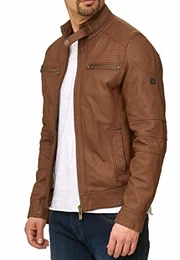 Indicode Herren Germo Lederjacke aus 100% Lammleder mit Biker-Kragen & 6 Taschen Echtleder Jacke Wasserabweisende Herrenjacke Übergangsjacke Freizeitjacke Bikerjacke f. Männer Camel M