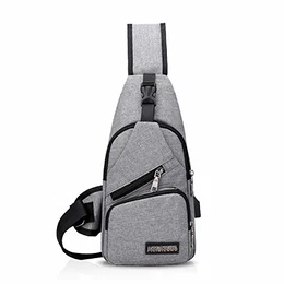 Unisex Schultertasche Herren Damen Brusttasche Sling Bag Rucksack mit USB Umhängetasche Sporttasche für Wandern,Abenteuer,Sport, Reisen und Joggen Grau
