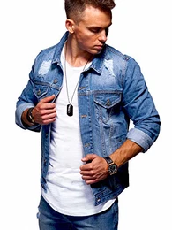. Herren Jeans-Jacke Stretch Destroyed Übergangs-Jacke 55-0109 Mittelblau M