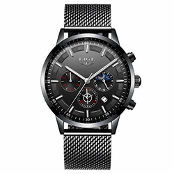 LIGE Herren Uhren Chronograph Analog Quarz Kalender Mondphase Armbanduhr Schwarz (9877k)