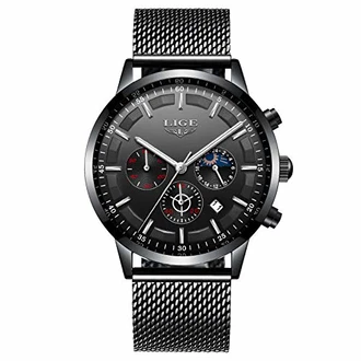 LIGE Herren Uhren Chronograph Analog Quarz Kalender Mondphase Armbanduhr Schwarz (9877k)