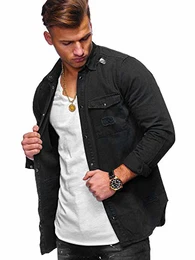 . Herren Langarm Destroyed Jeans-Hemd Denim Freizeit-Hemd Shirt 90-8715 Schwarz M