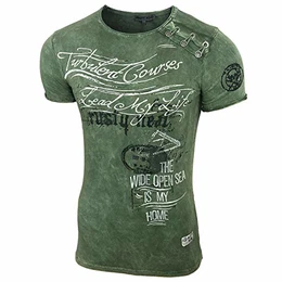 Herren Rundhals Vintage T-Shirt Kurzarm Slim Fit Design Fashion Top Print Shirt 15156-1, Größe:XL, Farbe:Khaki_1