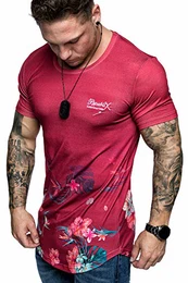 Oversize Herren Crew Neck Body-Fit Flowerfall Design Shirt Sommer T-Shirt Rundhals-Ausschnitt R-0032 Bordeaux M