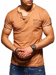 Herren T-Shirt V-Neck Vintage Poloshirt Kurzarm Henley RR-4060 (S, Braun (Camel))