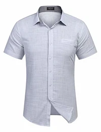 Herren Hemd Kurzarm Langarm Leinenhemd aus Baumwollmischung Kariert Sommer Freizeit Men´s Shirt (M, Hell Grau)