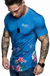 Oversize Herren Crew Neck Body-Fit Flowerfall Design Shirt Sommer T-Shirt Rundhals-Ausschnitt R-0032 Royalblau M