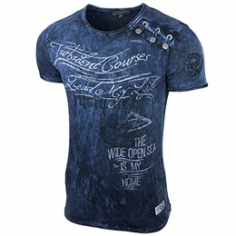 Herren Rundhals Vintage T-Shirt Kurzarm Slim Fit Design Fashion Top Print Shirt 15156-1, Größe:XL, Farbe:Marine_1
