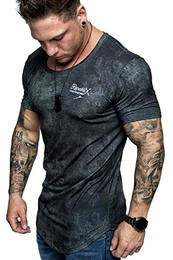 Oversize Herren Crew Neck Body-Fit Marble Design Shirt Sommer T-Shirt Rundhals-Ausschnitt R-0034 Schwarz M
