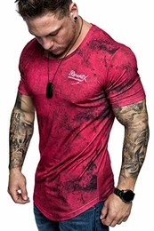 Oversize Herren Crew Neck Body-Fit Marble Design Shirt Sommer T-Shirt Rundhals-Ausschnitt R-0034 Bordeaux M