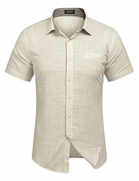 Herren Hemd Kurzarm Langarm Leinenhemd aus Baumwollmischung Kariert Sommer Freizeit Men´s Shirt (M, Hell Khaki)