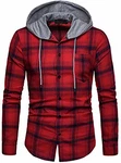 Herren Hemd Kapuzenhemd Kapuzenpullover Langarmshirt Kariert Freizeithemd Spleißhülse Shirt Rot (A114)
