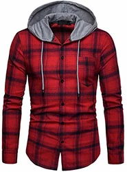 Herren Hemd Kapuzenhemd Kapuzenpullover Langarmshirt Kariert Freizeithemd Spleißhülse Shirt Rot (A114)