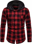 Herren Hemd Kapuzenhemd Kapuzenpullover Langarmshirt Kariert Freizeithemd Spleißhülse Shirt Rot (A112)