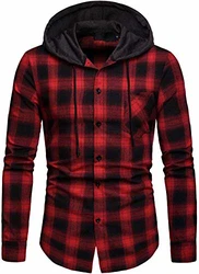 Herren Hemd Kapuzenhemd Kapuzenpullover Langarmshirt Kariert Freizeithemd Spleißhülse Shirt Rot (A112)