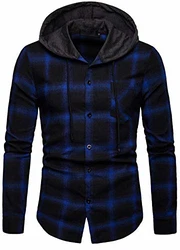 Herren Hemd Kapuzenhemd Kapuzenpullover Langarmshirt Kariert Freizeithemd Spleißhülse Shirt Blau (A112)
