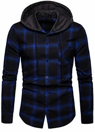 Herren Hemd Kapuzenhemd Kapuzenpullover Langramshirt Kariert Freizeithemd Spleißhülse Shirt (Blau - A112, M)