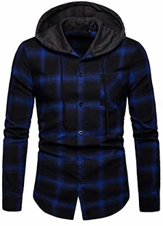 Herren Hemd Kapuzenhemd Kapuzenpullover Langarmshirt Kariert Freizeithemd Spleißhülse Shirt Blau (A112)