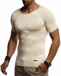Herren Sommer T-Shirt Rundhals Ausschnitt Slim Fit aus Feinstrick Cooles Basic Männer T-Shirt Crew Neck Jungen Kurzarmshirt O-Neck Sweater Shirt Kurzarm Lang LN20754 Beige Medium