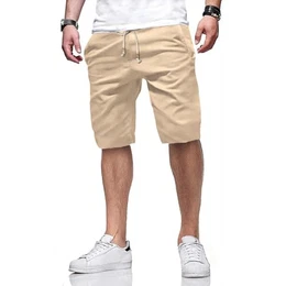 Kurze Hosen Herren Shorts Sommer Baumwolle Leinen mit Gummizug Taschen Khaki S