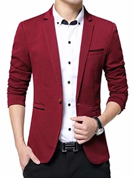 Herren Sakko Lässige Elegante Slim Fit Blazer Einknopf Anzugjacke Herren Blazer Jackett,Wein Rot,M