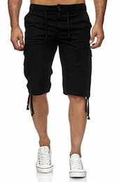 Leinen Cargo Shorts Männer Strandhose Herren Leinenhose 3/4 Hose Freizeit Kurze Hosen Sommer Bermudas RS-3001 Schwarz S