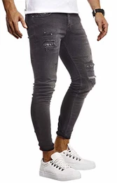 Herren Jeans Hose Stretch Slim Fit Denim Blaue Lange Jeanshose für Männer Coole Jungen weiße Freizeithose Schwarze mit Nieten Cargo Chino Sommer Winter Basic LN9425 Schwarz W30L30