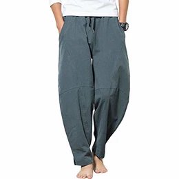Herren Damen Haremshose Aladinhose - Chinesisch Retro Stil Weite Beine Yogahose Pilates Kampfsport Kung Fu Tai Chi Thailändisch Freizeit Knickerbocker Ausgeleiert Training Hose (Grau, M)
