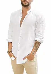 Leinenhemd Herren Hemd Herren Langarm Sommerhemd Herren Regular Fit Freizeithemd, Weiß, L
