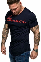 Oversize Herren Vintage T-Shirt Logo Crew Neck Rundhals Basic Shirt 6101-0203 Navyblau/Rot M