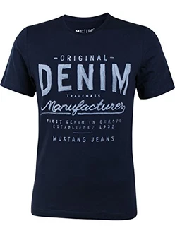 MUSTANG Herren T-Shirt Rundhals Kurzarm Logo Print Schwarz/Weiß/Blau/Grau