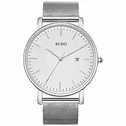 Stilvolle Minimalistische Ultra Slim Herren Uhr Weiß Datum Großes Gesicht Armbanduhr mit Edelstahlband