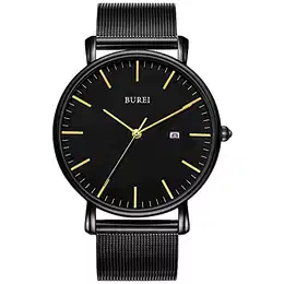 Minimalistische Herren-Armbanduhr, analog, Datumsanzeige, mit Edelstahl-Mesh-Band, Gold Dunkelschwarz