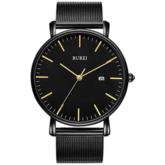 BUREI Herren Uhren Minimalistische Quartz mit Datumsanzeige Gold/Dunkelschwarz