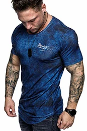 Oversize Herren Crew Neck Body-Fit Marble Design Shirt Sommer T-Shirt Rundhals-Ausschnitt R-0034 Navyblau M